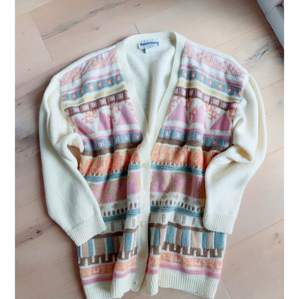 Vintage 90s Cardigan Sweater Pastels Grapic Print Prep Cottagecore Size M - Picture 2 of 5